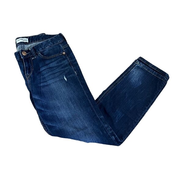 Express Modern Boyfriend Relaxed Fit Low Rise Jeans Size 0 Dark Wash Distressed - Picture 8 of 9